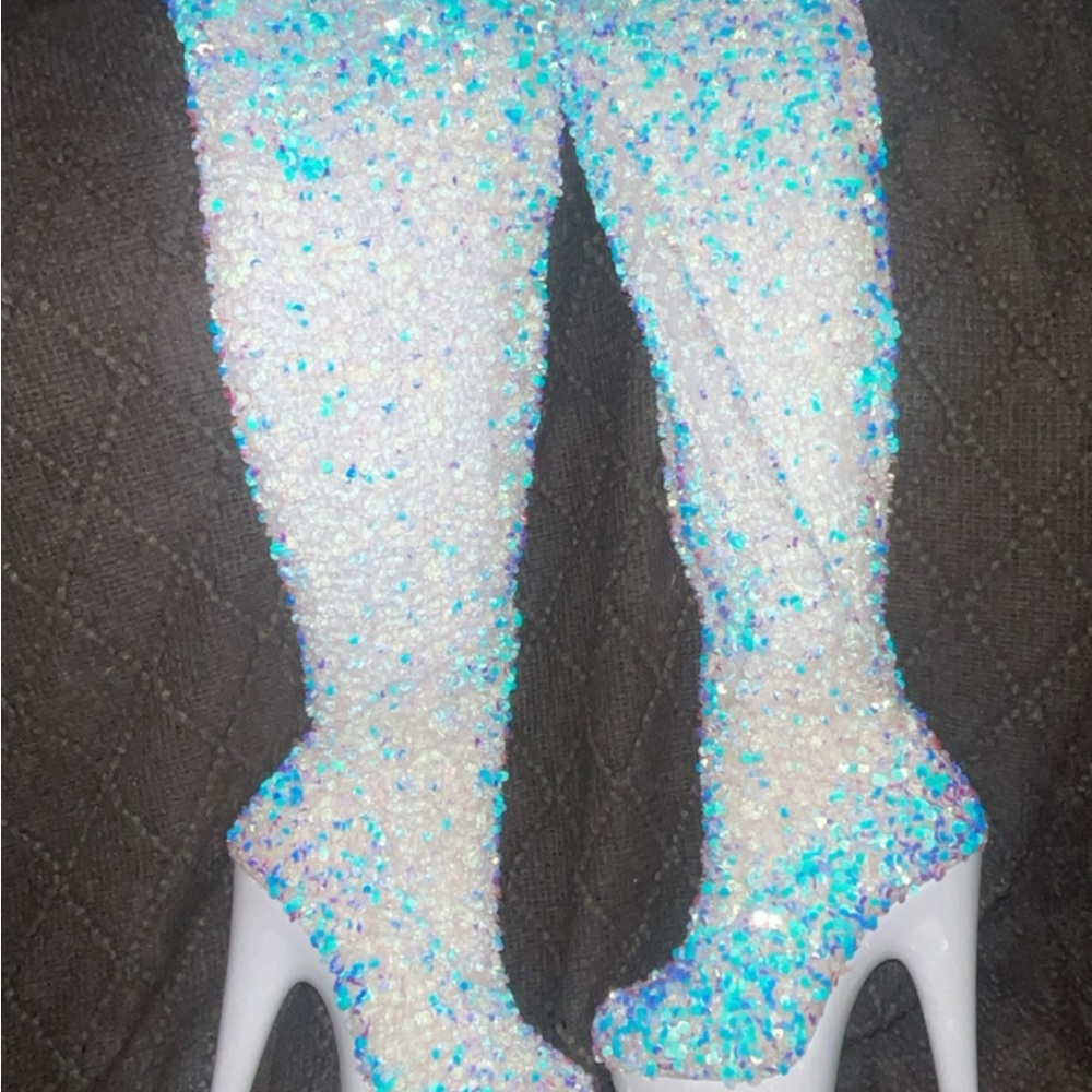 White sequin platform thigh high boots 7”
